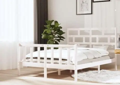 Cadru de pat King Size, alb, 150x200 cm, lemn masiv de pin - 1/5