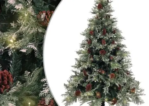 Brad Crăciun pre-iluminat conuri de pin verde/alb 120 cm PVC/PE - 1/5