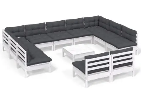 Set mobilier grădină cu perne, 12 piese, alb, lemn masiv pin - 2/5