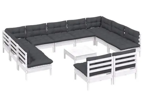 Set mobilier grădină cu perne, 12 piese, alb, lemn masiv pin - 3/5