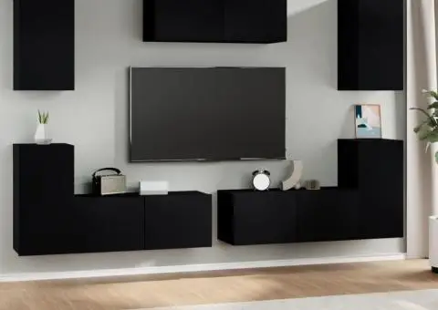 Set dulap TV, 7 piese, negru, lemn prelucrat - 1/5