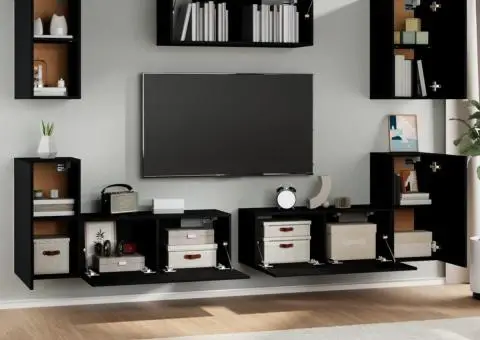 Set dulap TV, 7 piese, negru, lemn prelucrat - 3/5