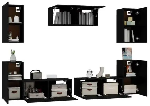 Set dulap TV, 7 piese, negru, lemn prelucrat - 4/5