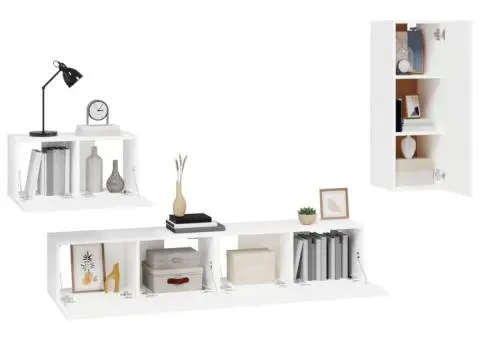 Set dulap TV, 4 piese, alb, lemn prelucrat - 4/5