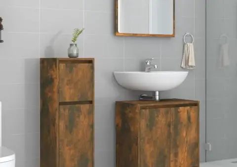 Set mobilier de baie, 3 piese, stejar fumuriu, lemn prelucrat - 1/5