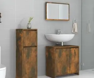 vidaXL Set mobilier de baie, 3 piese, stejar fumuriu, lemn prelucrat