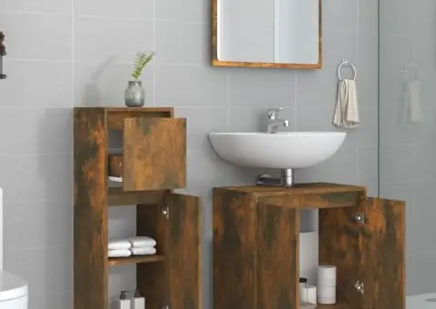 Set mobilier de baie, 3 piese, stejar fumuriu, lemn prelucrat - 3/5