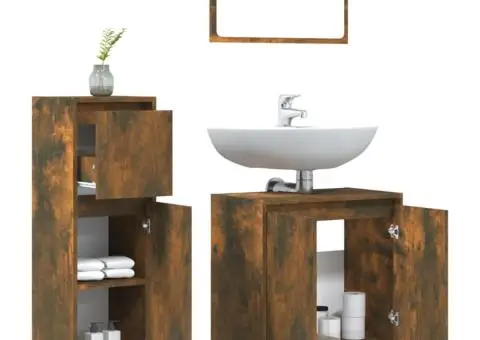 Set mobilier de baie, 3 piese, stejar fumuriu, lemn prelucrat - 4/5