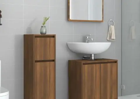 Set mobilier de baie, 3 piese, stejar maro, lemn prelucrat - 1/5