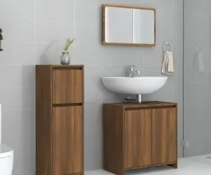 vidaXL Set mobilier de baie, 3 piese, stejar maro, lemn prelucrat
