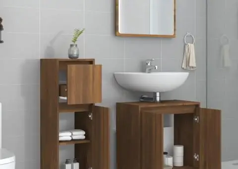 Set mobilier de baie, 3 piese, stejar maro, lemn prelucrat - 3/5