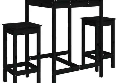 Set bar de grădină, 3 piese, negru, lemn masiv de pin - 2/5