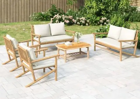 Set mobilier de grădină cu perne alb crem, 2 piese, bambus - 1/5