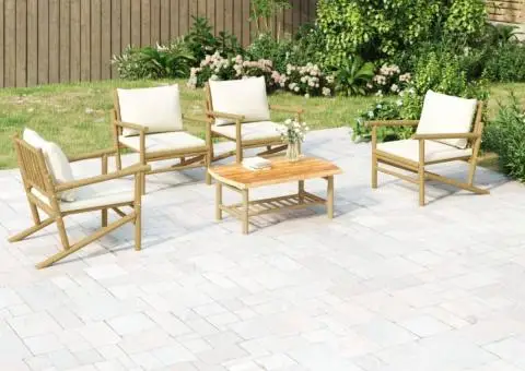 Set mobilier de grădină cu perne alb crem, 2 piese, bambus - 1/5