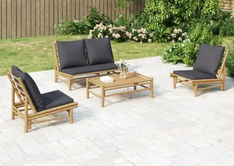 Set mobilier de grădină cu perne gri închis, 4 piese, bambus - 1/5