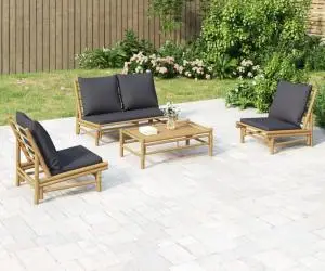 vidaXL Set mobilier de grădină cu perne gri închis, 4 piese, bambus