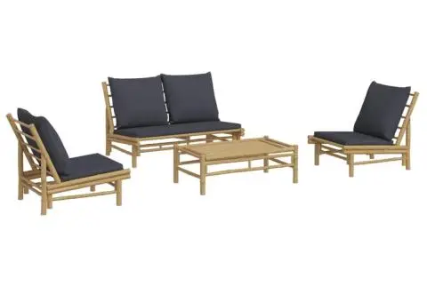 Set mobilier de grădină cu perne gri închis, 4 piese, bambus - 3/5
