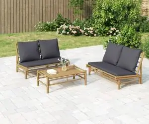 vidaXL Set mobilier de grădină, perne gri închis, 3 piese, bambus