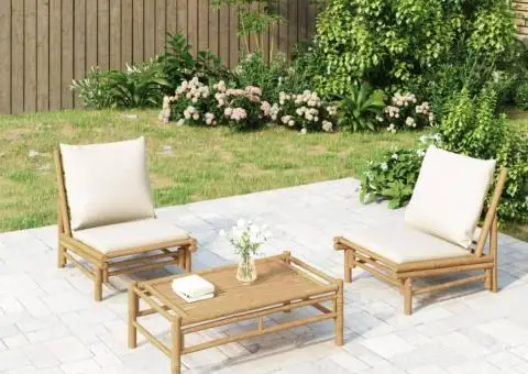 Set mobilier de grădină, cu perne alb crem, 3 piese, bambus - 1/5