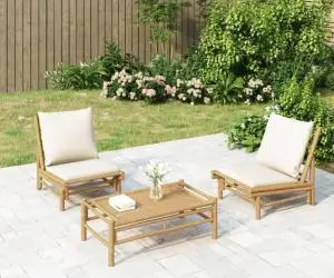 vidaXL Set mobilier de grădină, cu perne alb crem, 3 piese, bambus