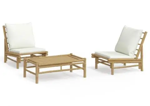 Set mobilier de grădină, cu perne alb crem, 3 piese, bambus - 2/5