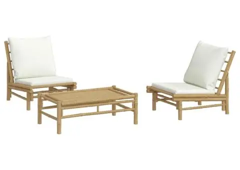 Set mobilier de grădină, cu perne alb crem, 3 piese, bambus - 3/5