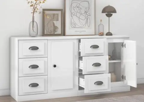 Servante, 2 piese, alb extralucios, lemn prelucrat - 3/5