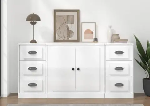 Servante, 3 piese, alb extralucios, lemn prelucrat - 1/5