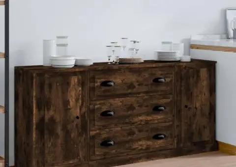 Servantă, 3 buc., stejar fumuriu, lemn prelucrat - 1/5