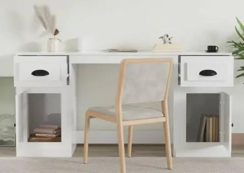 Birou cu dulap, alb extralucios, lemn prelucrat - 3/5