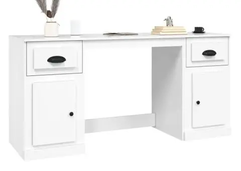 Birou cu dulap, alb extralucios, lemn prelucrat - 4/5