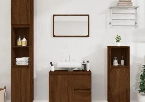 Set dulapuri de baie, 3 piese, stejar maro, lemn prelucrat - 1/5