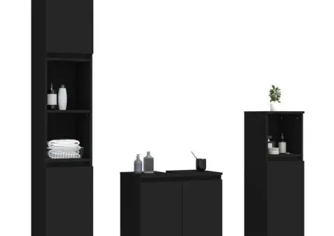 Set mobilier de baie, 3 piese, negru, lemn compozit - 3/5