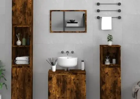 Set mobilier de baie, 3 piese, stejar fumuriu, lemn prelucrat - 1/5