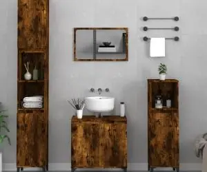 vidaXL Set mobilier de baie, 3 piese, stejar fumuriu, lemn prelucrat