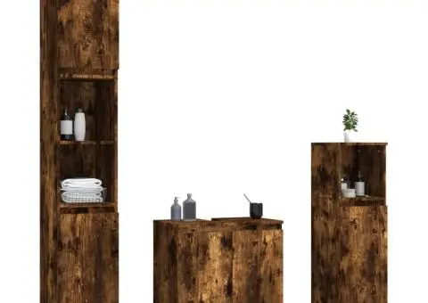 Set mobilier de baie, 3 piese, stejar fumuriu, lemn prelucrat - 4/5