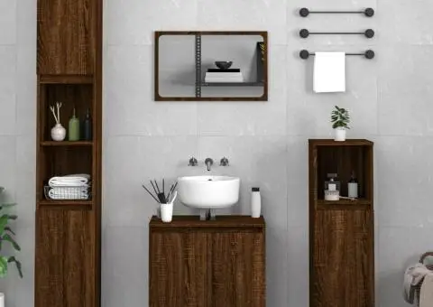 Set mobilier de baie, 3 piese, stejar maro, lemn prelucrat - 1/5