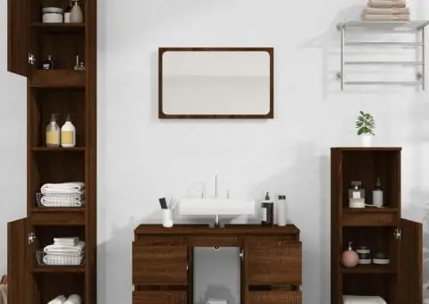 Set mobilier de baie, 3 piese, stejar maro, lemn prelucrat - 1/5