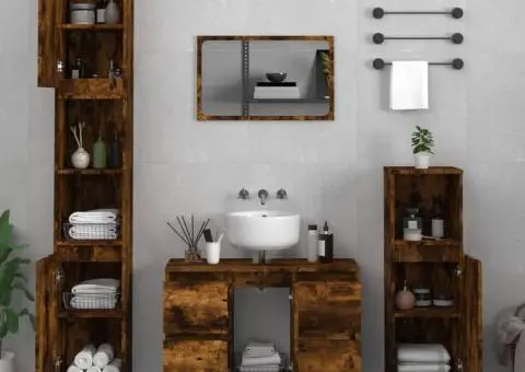 Set mobilier de baie, 3 piese, stejar fumuriu, lemn prelucrat - 1/5