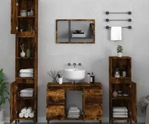 vidaXL Set mobilier de baie, 3 piese, stejar fumuriu, lemn prelucrat
