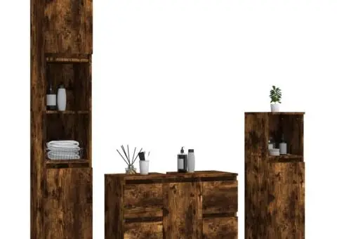 Set mobilier de baie, 3 piese, stejar fumuriu, lemn prelucrat - 3/5