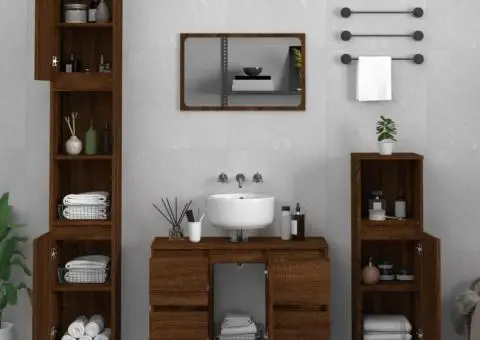 Set mobilier de baie, 3 piese, stejar maro, lemn prelucrat - 1/5