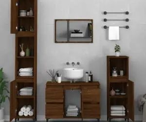 vidaXL Set mobilier de baie, 3 piese, stejar maro, lemn prelucrat