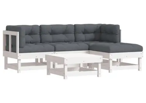 Set mobilier de grădină cu perne, 5 piese, alb, lemn masiv - 2/5