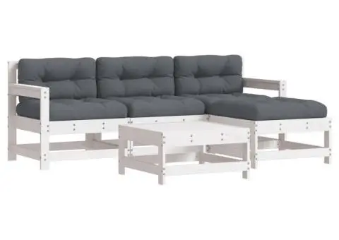 Set mobilier de grădină cu perne, 5 piese, alb, lemn masiv - 2/5