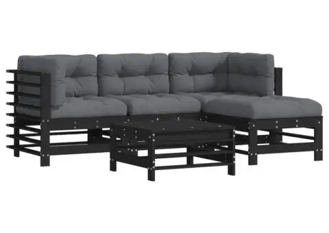 Set mobilier de grădină cu perne, 5 piese, negru, lemn masiv - 2/5