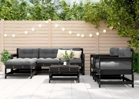 Set mobilier de grădină cu perne, 7 piese, negru, lemn masiv - 1/5