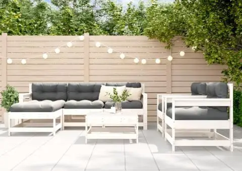 Set mobilier de grădină cu perne, 7 piese, alb, lemn masiv - 1/5