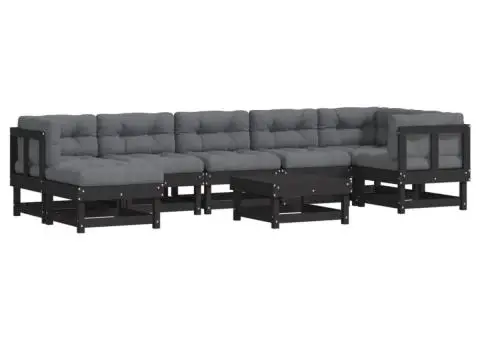 Set mobilier de grădină cu perne, 8 piese, negru, lemn masiv - 2/5