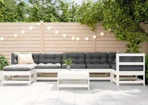 Set mobilier de grădină cu perne, 8 piese, alb, lemn masiv - 1/5